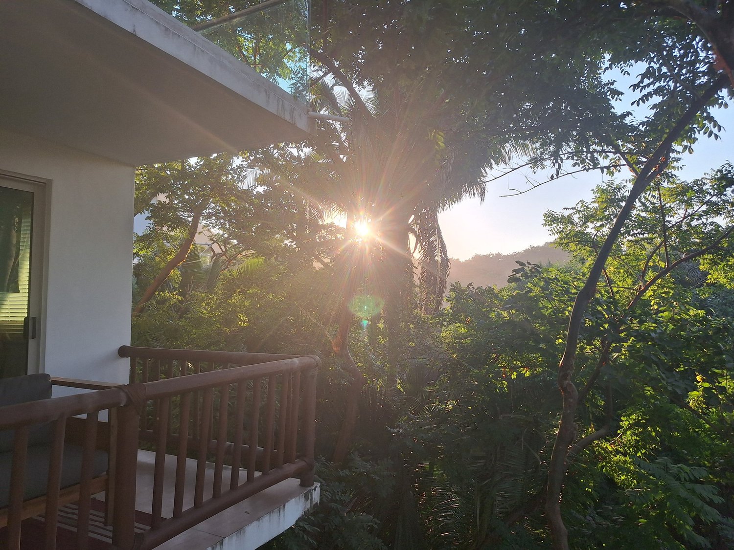 Morning sun through the jungle from a villa balcony
