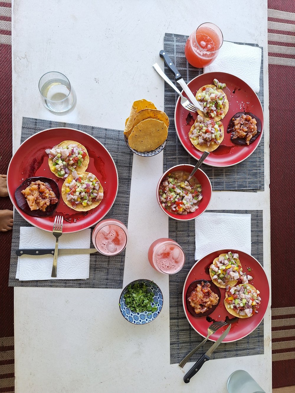 Fresh ceviche tostadas and agua fresca from above
