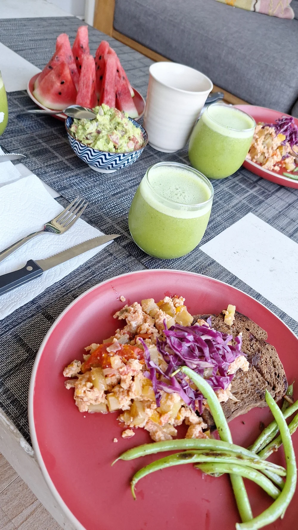 Green juice, guacamole and watermelon