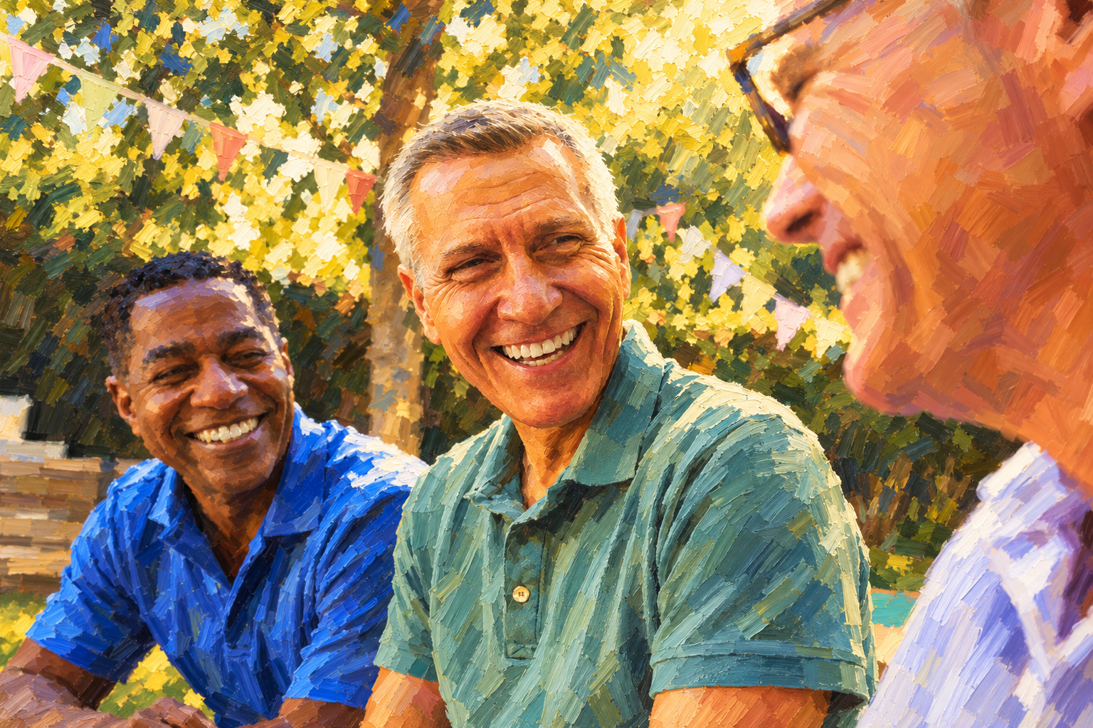 Men laughing together outdoors on a sunny day