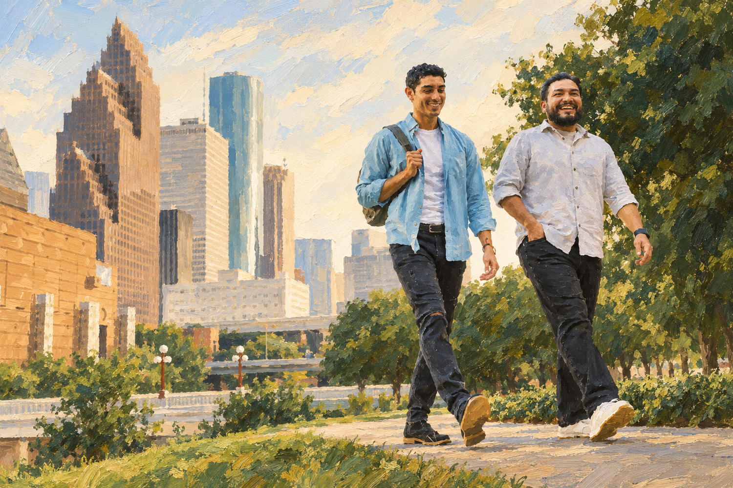 Two men walking and talking in the city