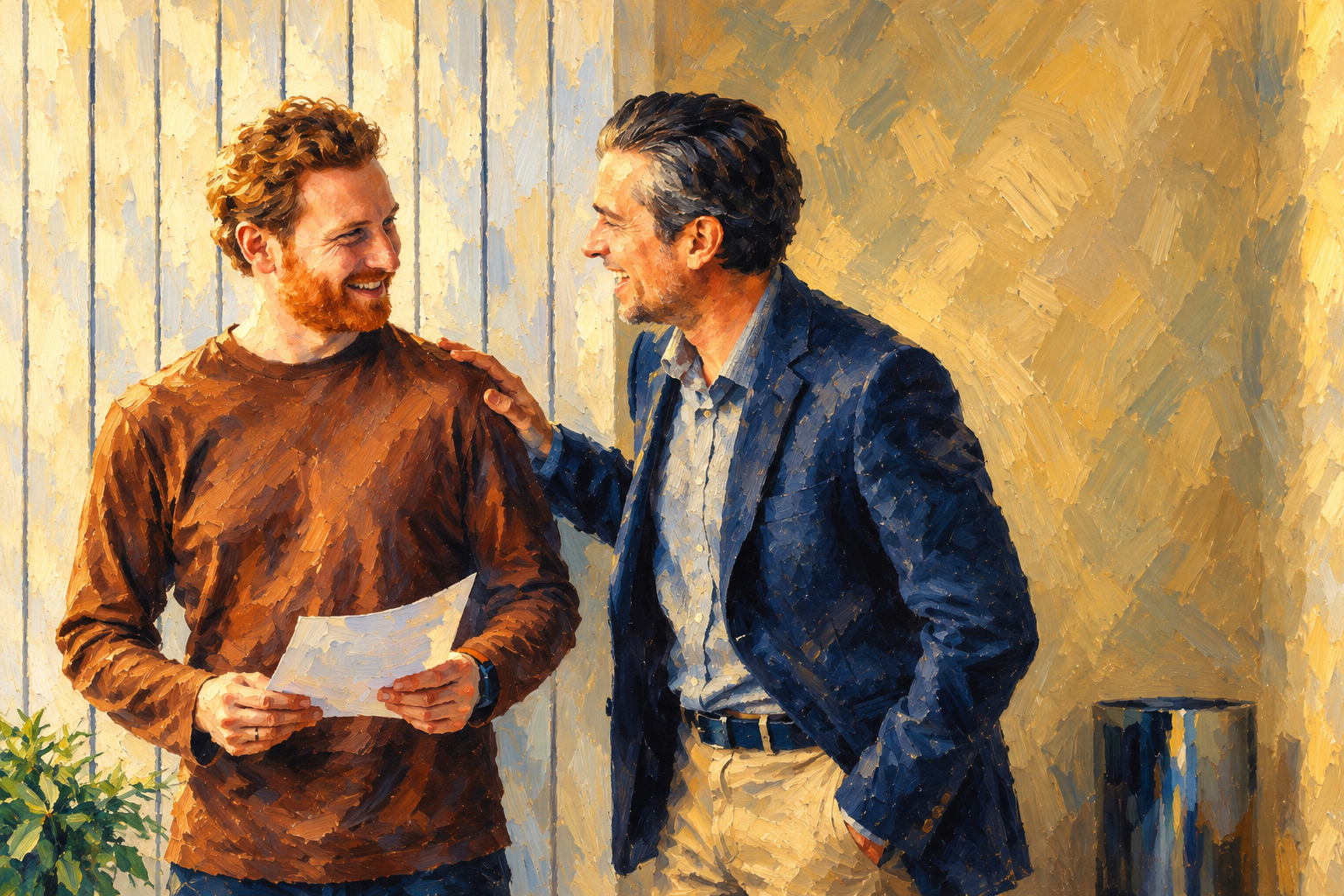 One man with a hand on another man's shoulder, helping him through some paperwork