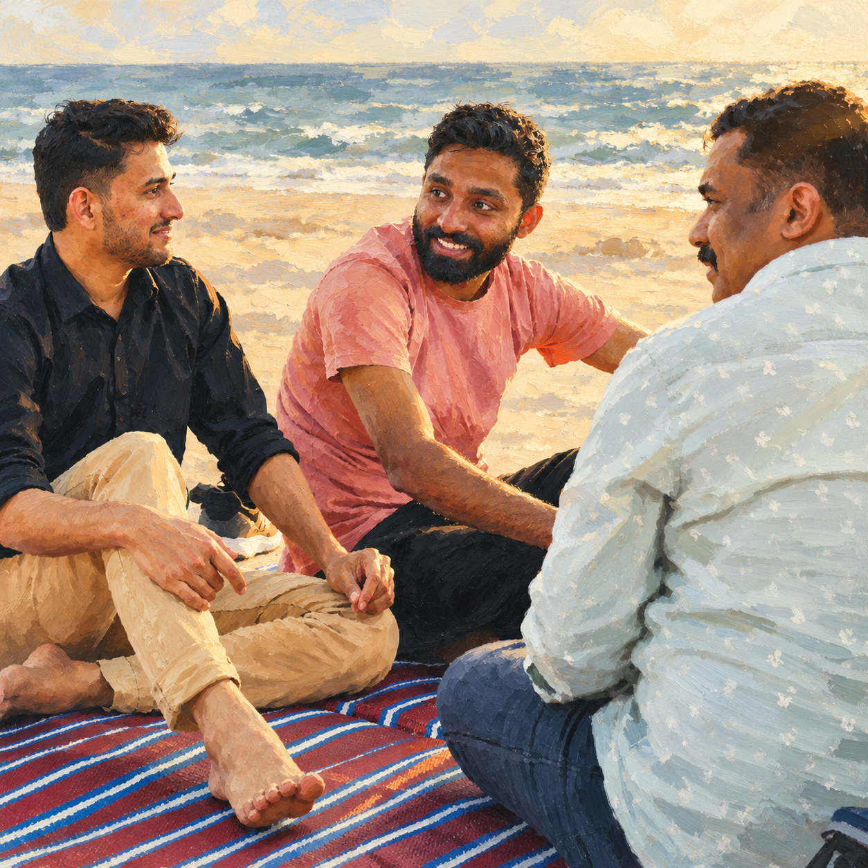 Three men talking on the beach