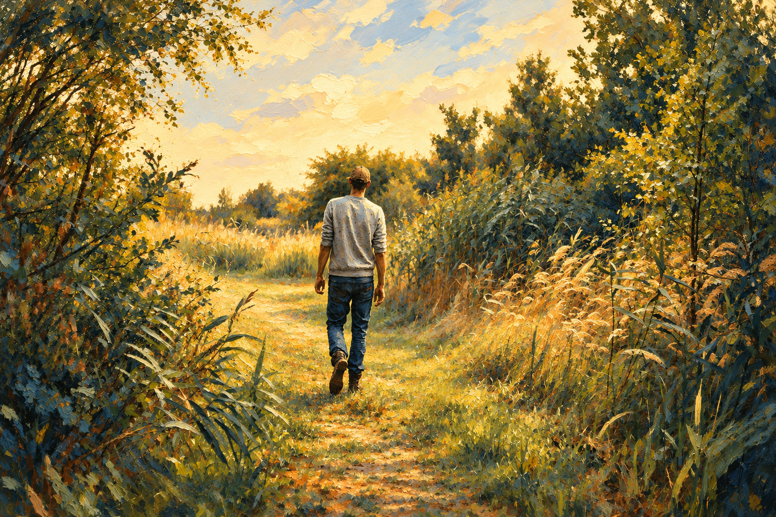 A man walking his own path through a sunlit field