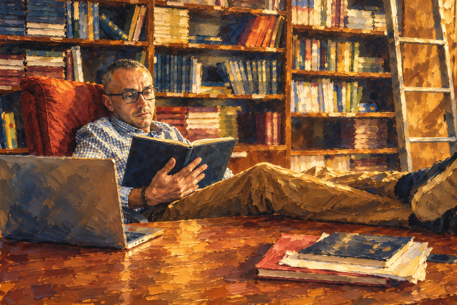 Two men in a warm, book-lined office having a one-on-one conversation
