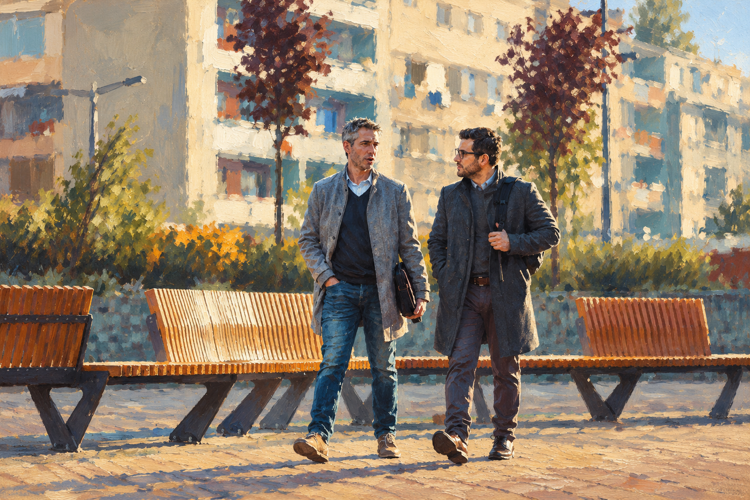 Two men in coats walking past a row of benches
