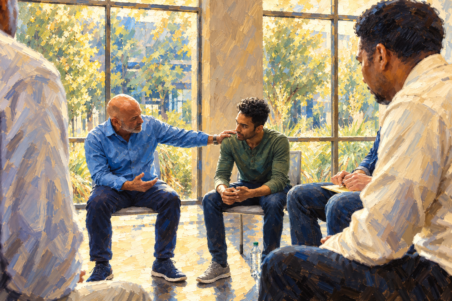 A group of men sitting together in a bright room, talking openly