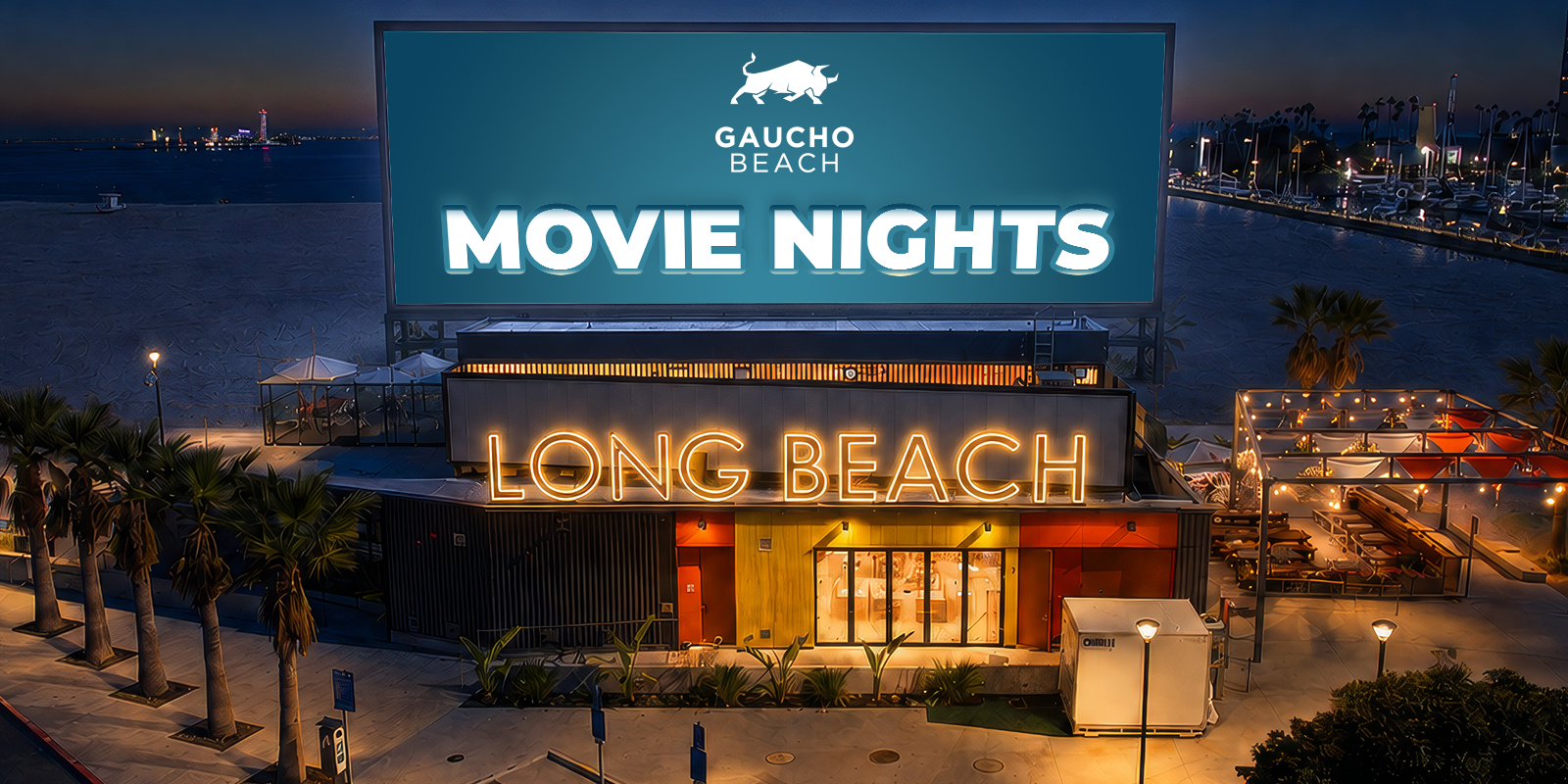 Movie Nights: an open air screen on the sand behind Gaucho Beach at night
