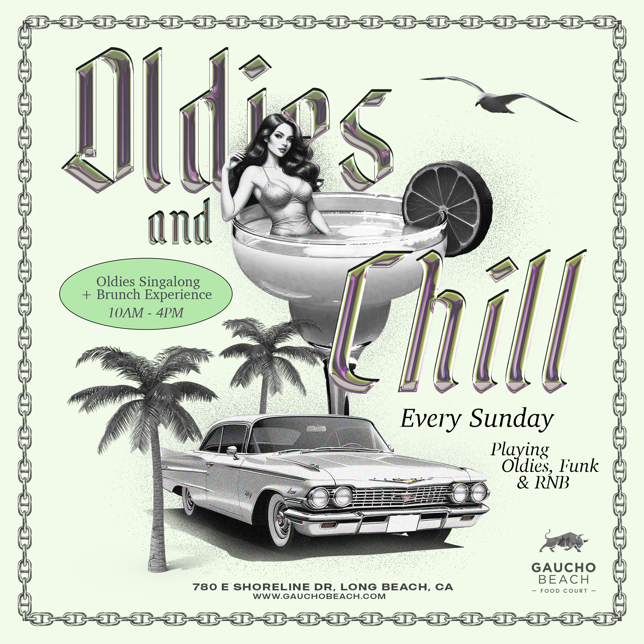 Sunday R&B, Oldies and Funk Brunch event flyer for Gaucho Beach in Long Beach