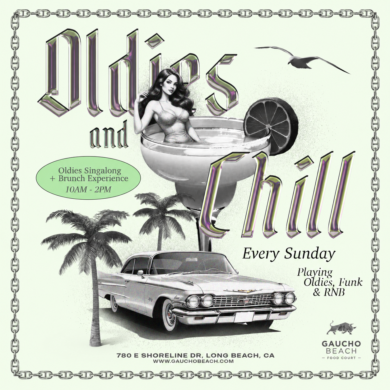 Sunday R&B, Oldies and Funk Brunch event flyer for Gaucho Beach in Long Beach