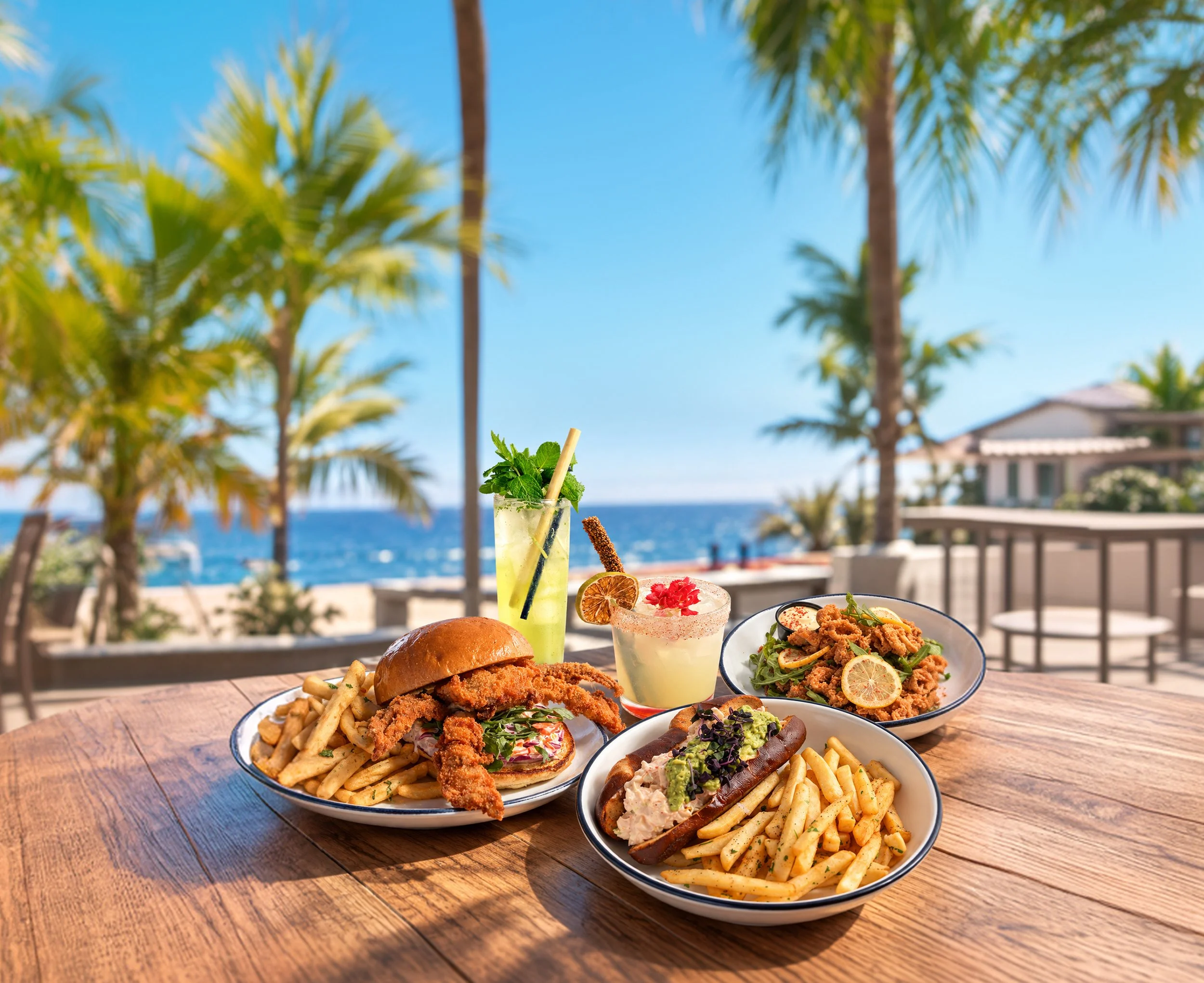 Lunch dishes and cocktails overlooking the beach at Gaucho Beach
