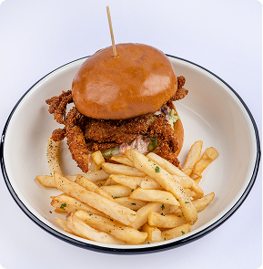Crispy chicken sandwich with seasoned fries