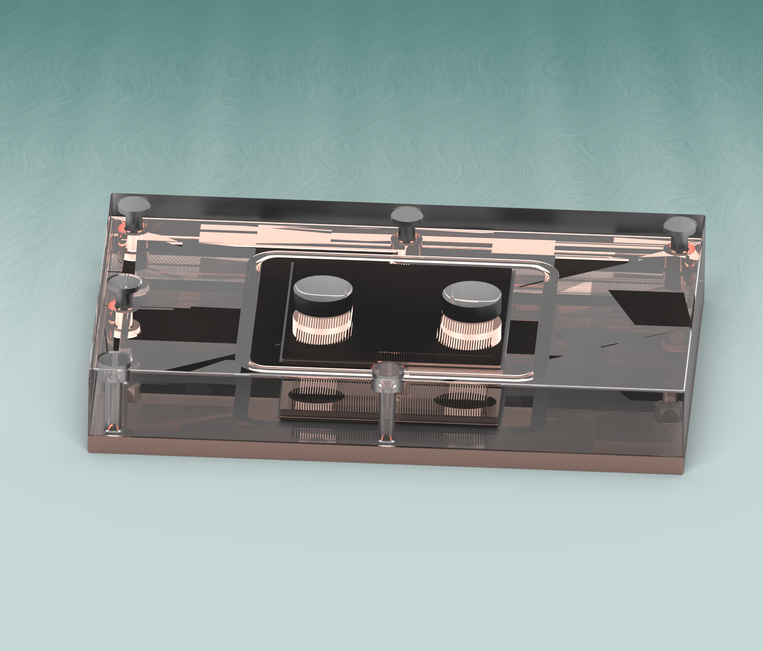 Siemens NX ray traced render of micro-fin cold plate with clear acrylic manifold cover