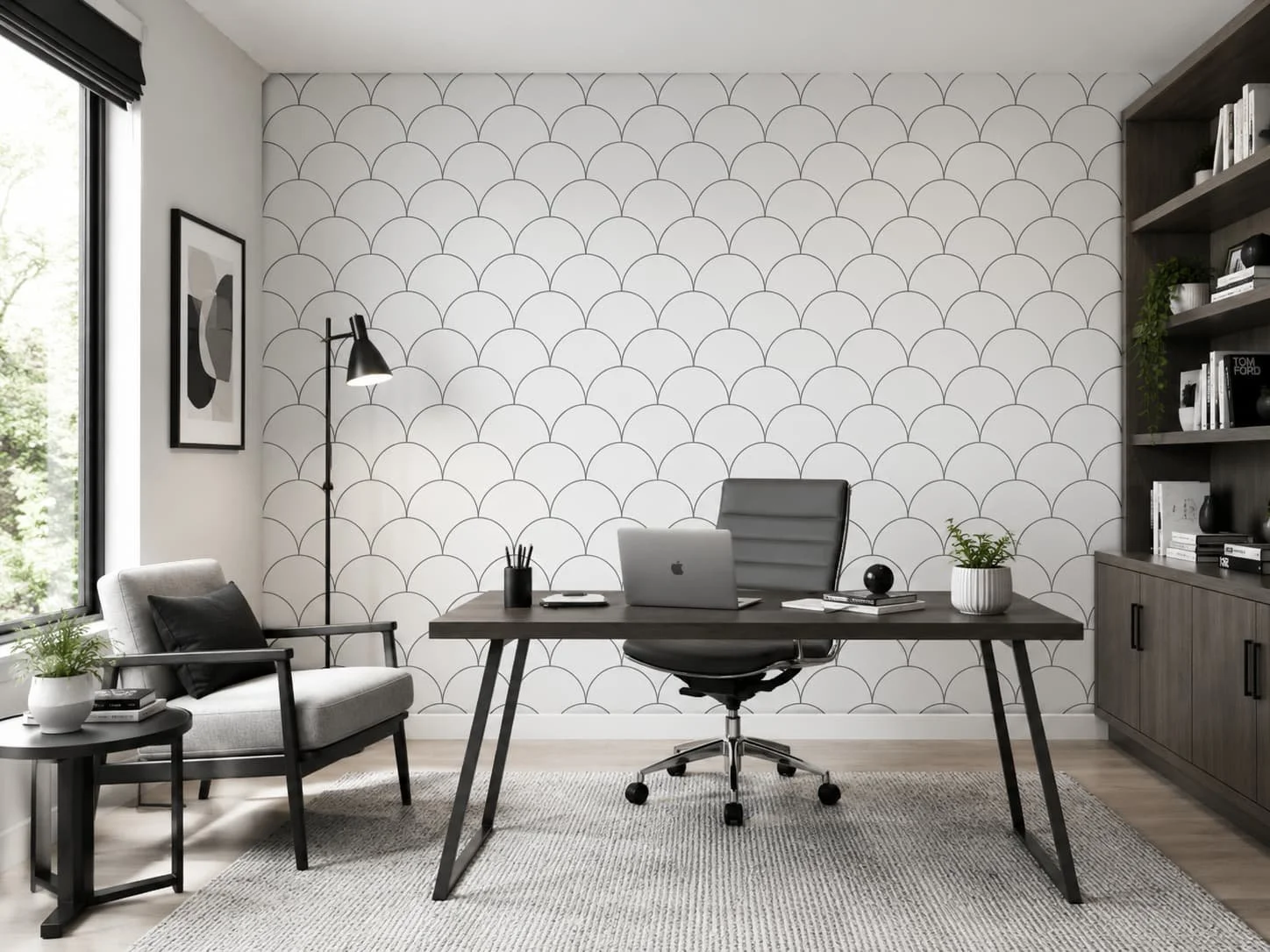 Crno bela nijansa akustičnog panela u lepim oblicima. Moderan home office sa akustičnim panelima.