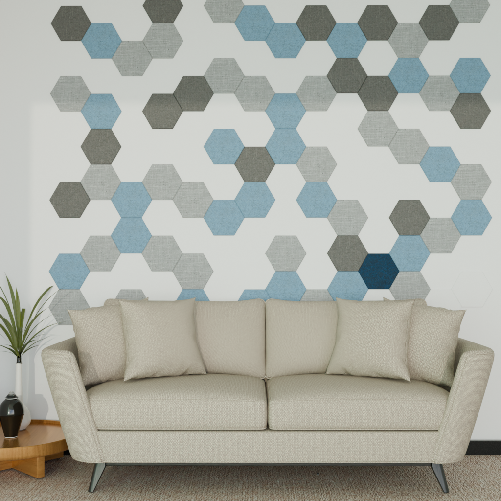 Akusticni panel u obliku hexagona u plavim i sivim nijansama. Minimalsticki odlicno odradjeno.