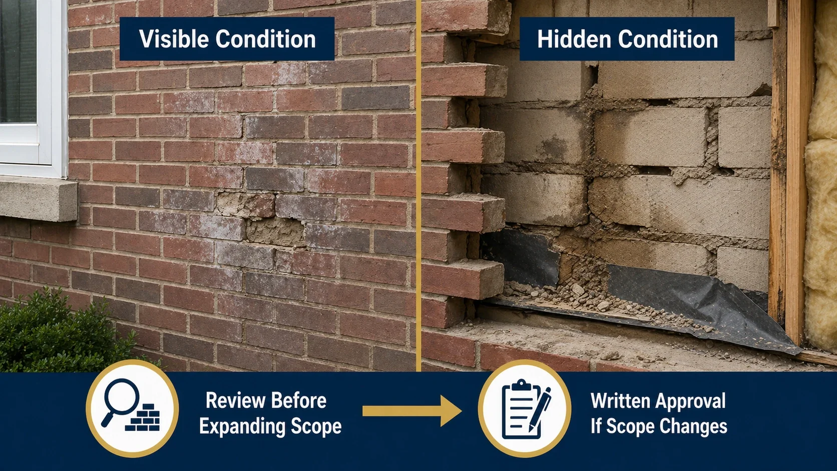 Graphic showing visible masonry damage versus hidden conditions that may require scope changes.