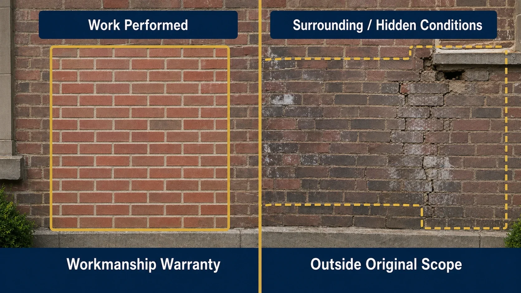 Comparison showing completed masonry work versus surrounding or hidden conditions outside the original scope.