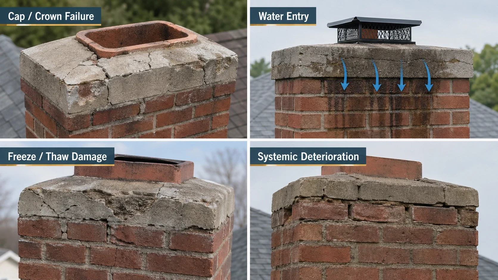 Chimney failure examples showing cap failure, water entry, freeze-thaw damage, and broader deterioration.