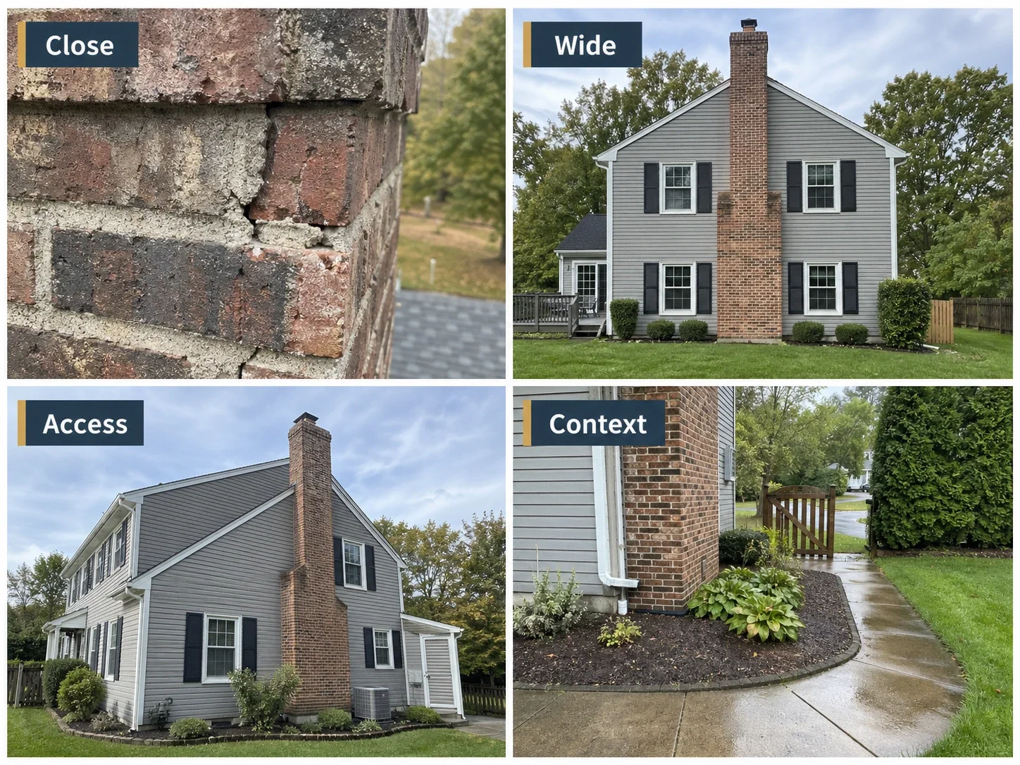 Checklist showing close-up, wide, access, and surrounding-context photos for masonry repair intake.