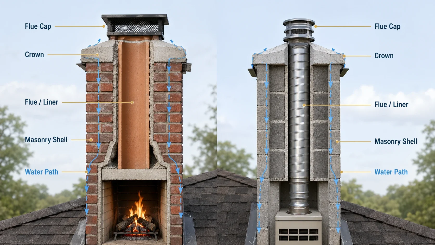 Chimney overview comparing masonry shell repair with flue or liner considerations.