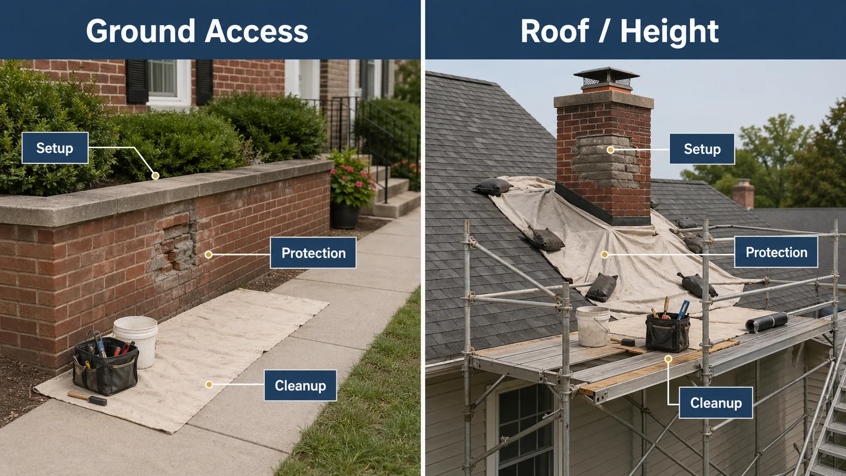 Comparison graphic showing how ground-level access differs from roof-height masonry access.