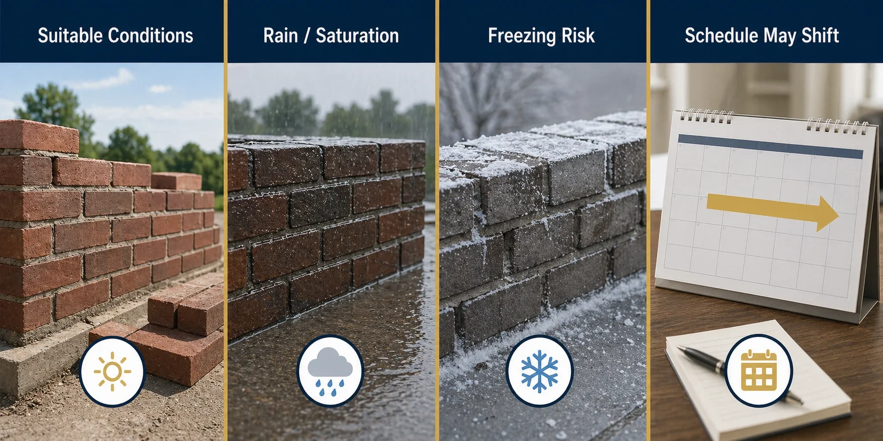Graphic showing suitable masonry conditions compared to rain, saturation, and freezing risk.