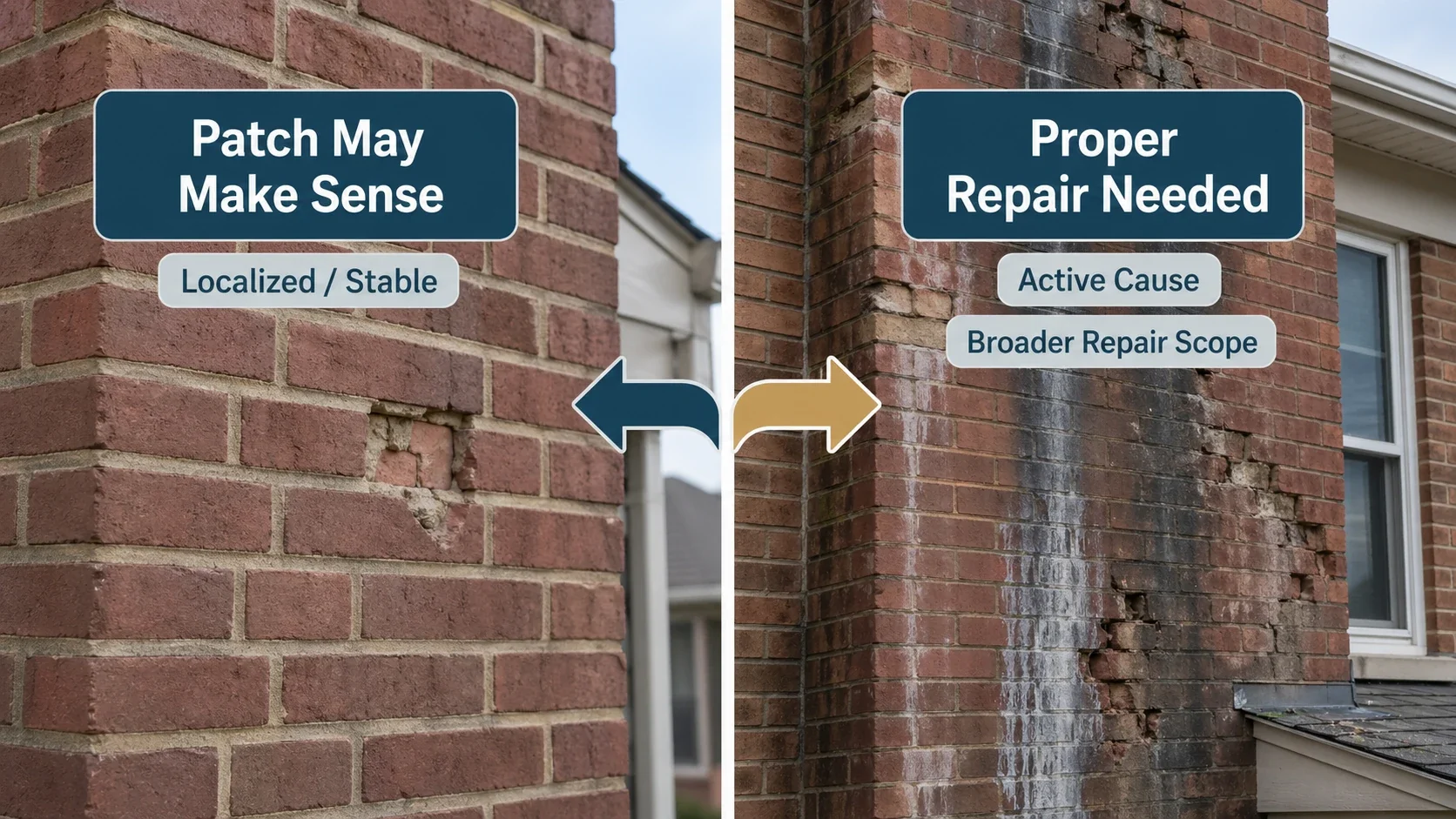Decision graphic comparing localized stable masonry damage with broader repair conditions.