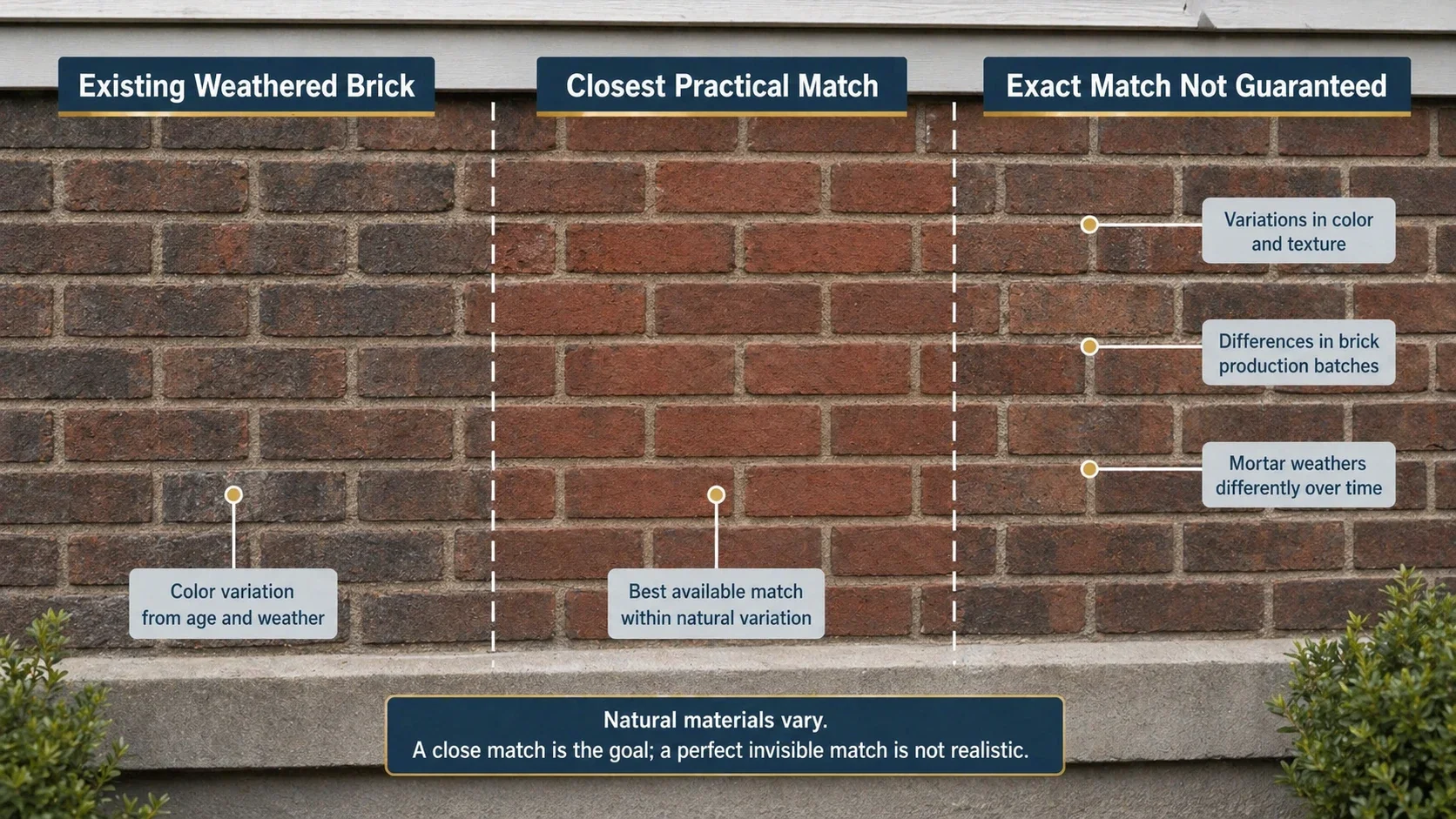 Comparison graphic showing weathered existing brick beside the closest practical replacement match.
