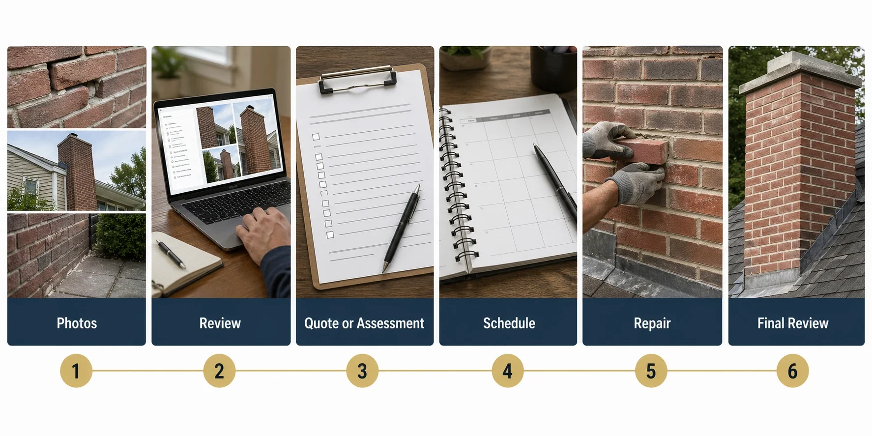 Six-step masonry repair process graphic showing photos, review, quote or assessment, schedule, repair, and final review.