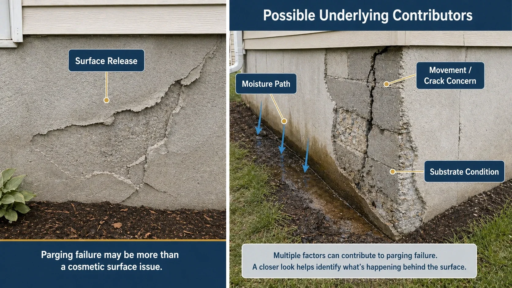 Educational graphic showing parging surface release, moisture path, movement or crack concern, and substrate condition.