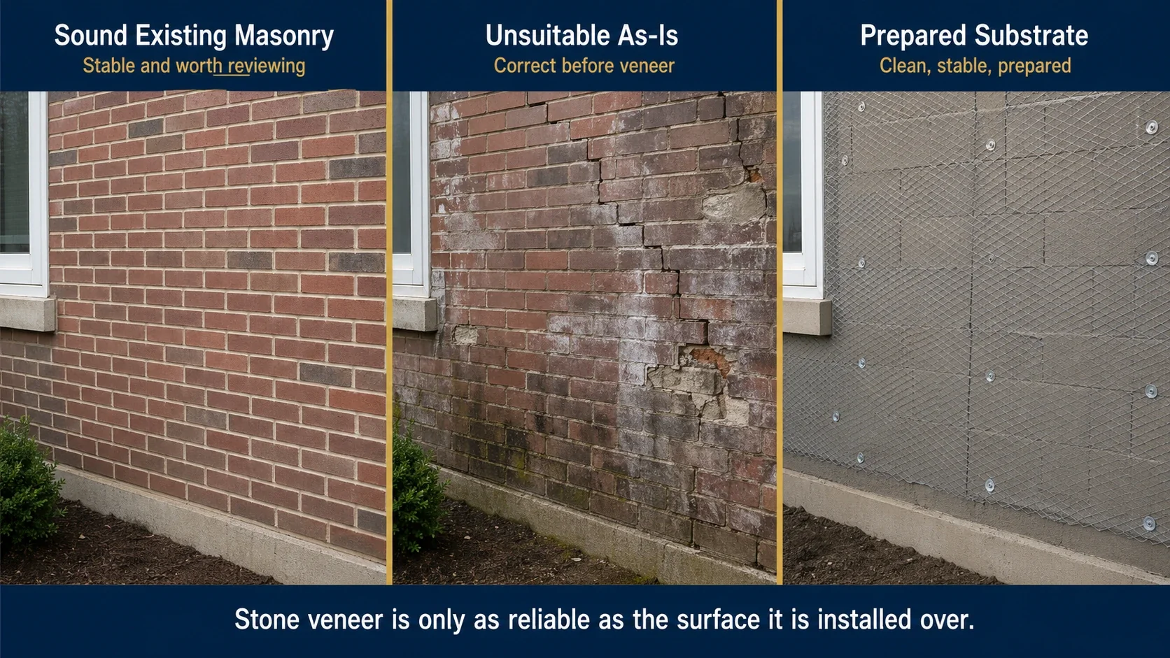 Substrate decision graphic showing sound existing masonry, unsuitable as-is conditions, and prepared substrate for veneer review.