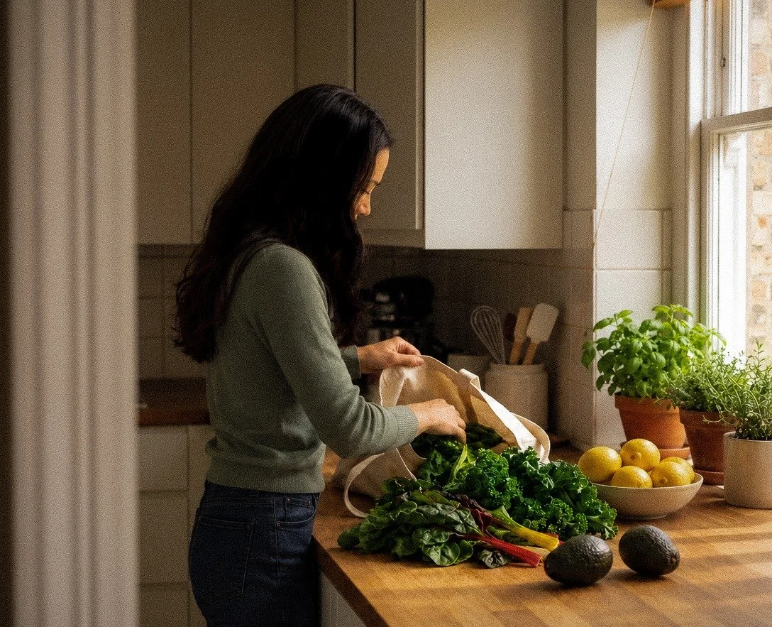 Preparing leafy greens beside avocados, lemons, and fresh herbs in a sunlit kitchen