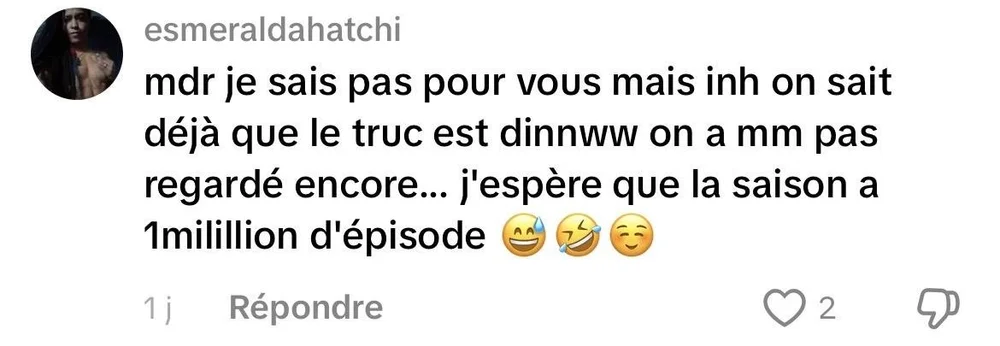 @esmeralldahatchi : « Mdr, je sais pas pour vous mais on sait déjà que le truc est ouf, on a même pas encore regardé... j’espère que la saison a un million d’épisodes »