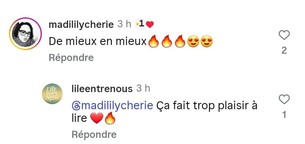 @madililycherie : « De mieux en mieux » · Réponse de L’Île entre Nous : « Ça fait trop plaisir à lire »