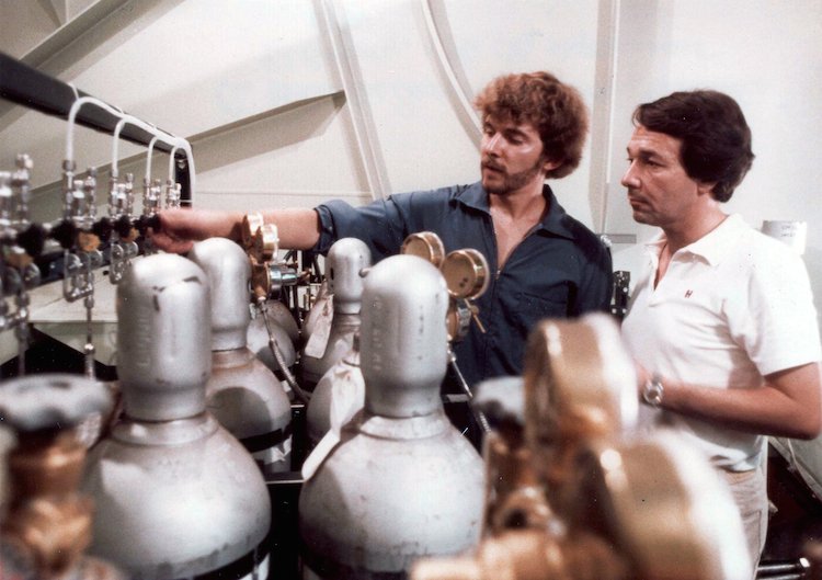 Exxon researchers Richard Werthamer and Edward Garvey working on a project measuring carbon dioxide levels in the ocean and atmosphere