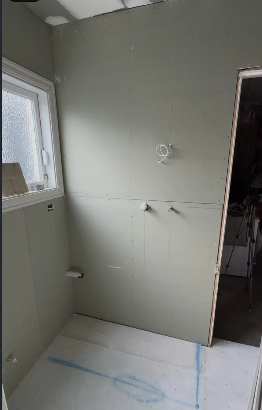 Wet-area board lining with the shower niche framed out, Parnell bathroom renovation