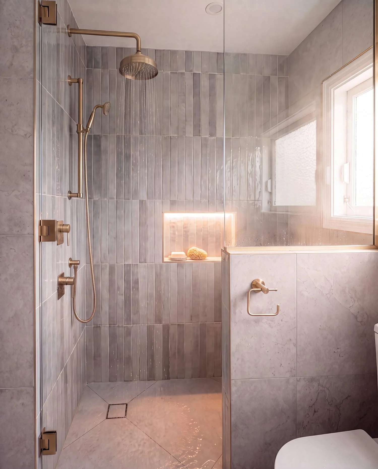 Finished walk-in shower in grey vertical stack-bond tile with brushed brass tapware, Parnell bathroom renovation
