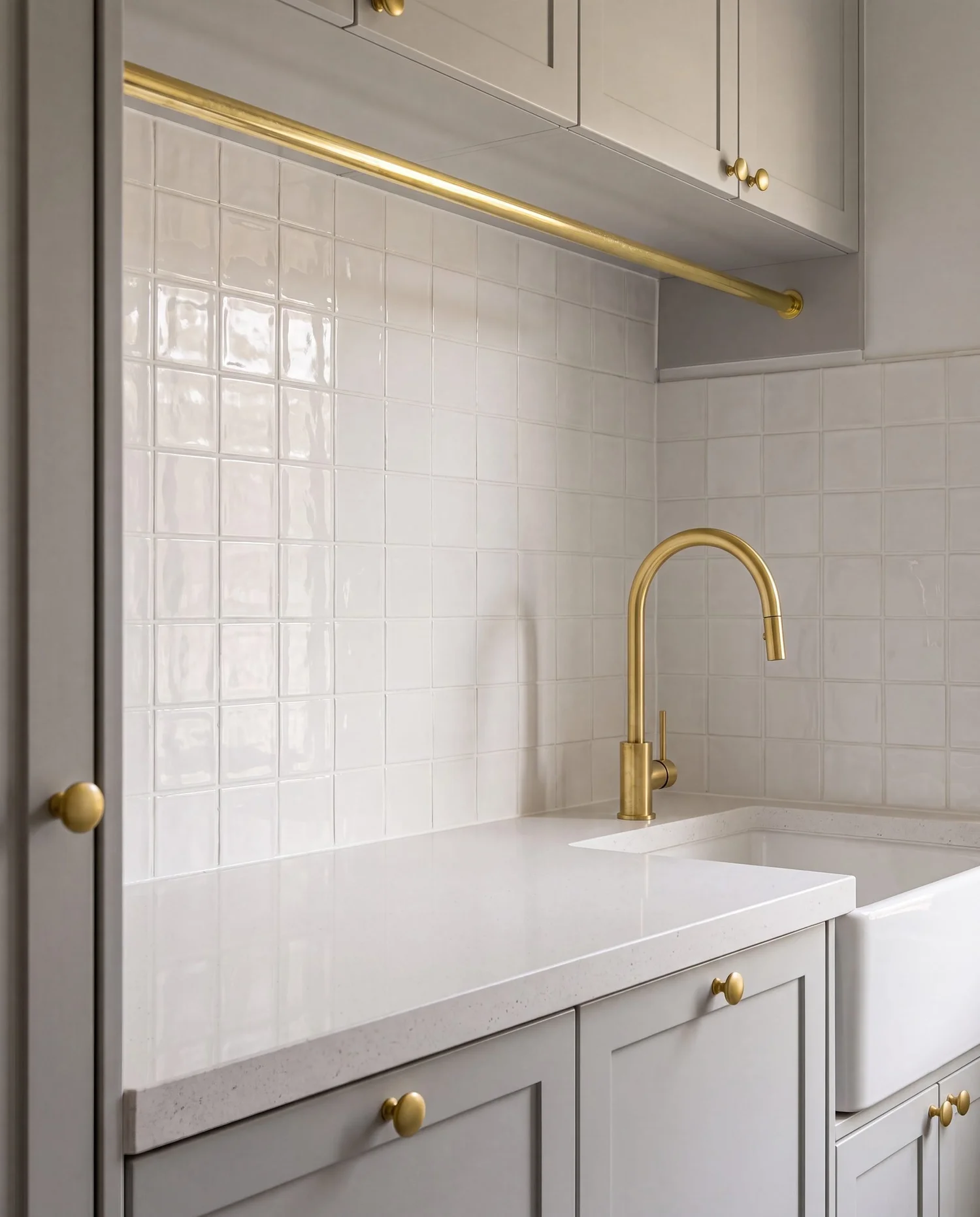 Shaker laundry joinery with a full length brushed brass hanging rail