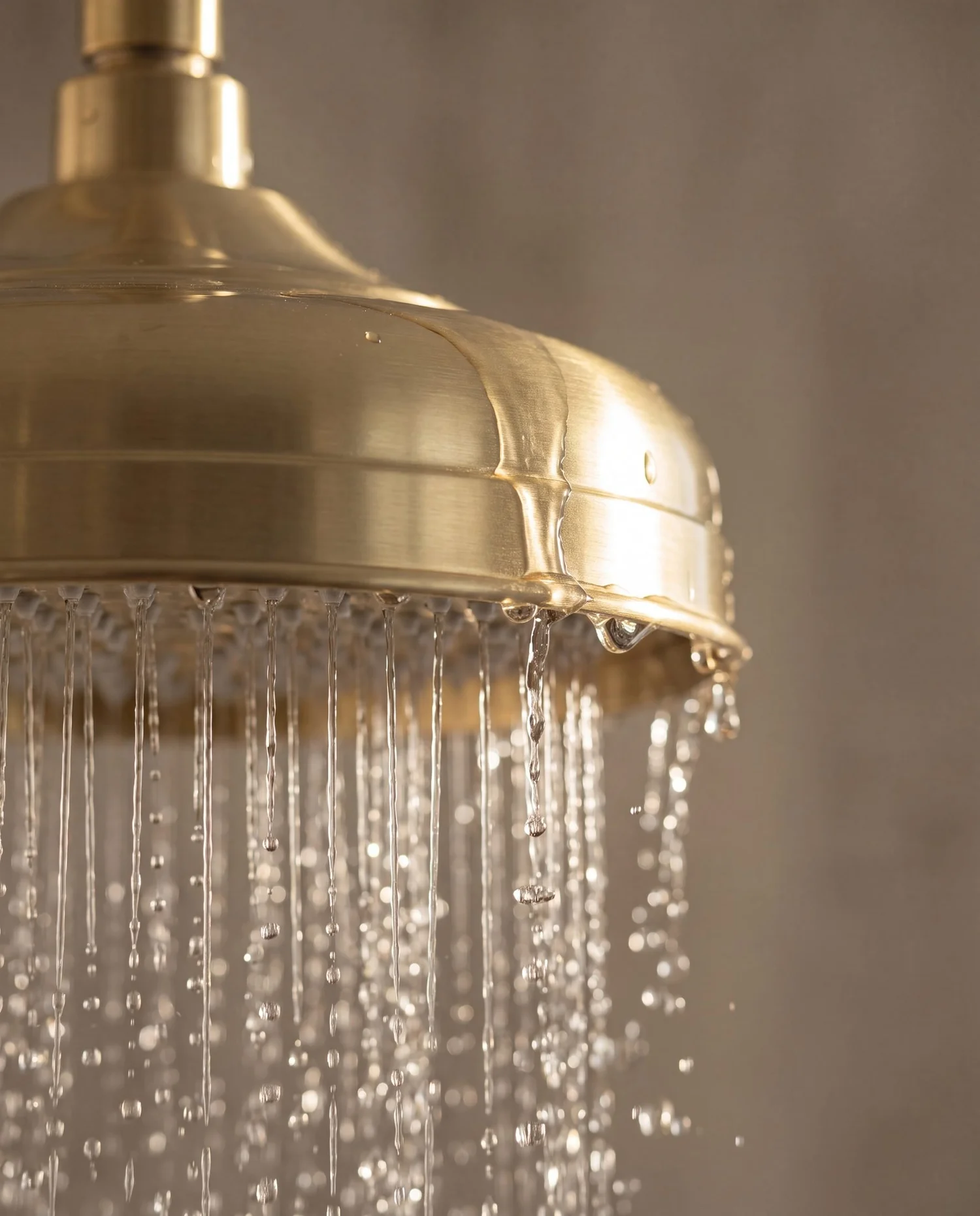 Side angle of the brushed brass rain shower head with water running, Parnell bathroom