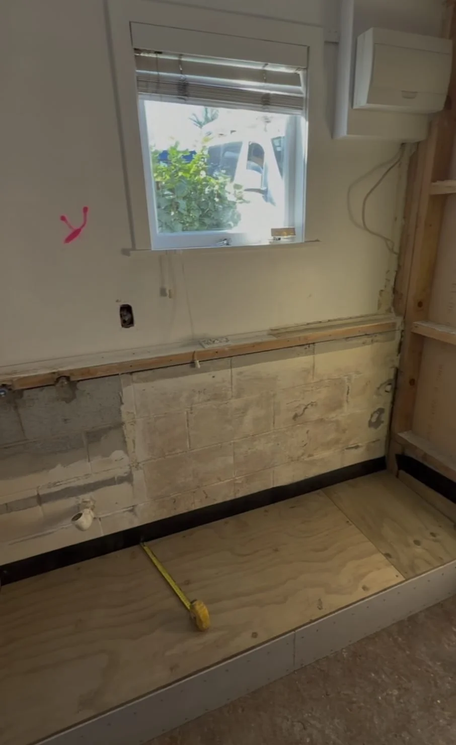 New framing and plywood substrate in the Merani Street laundry bathroom, Belmont