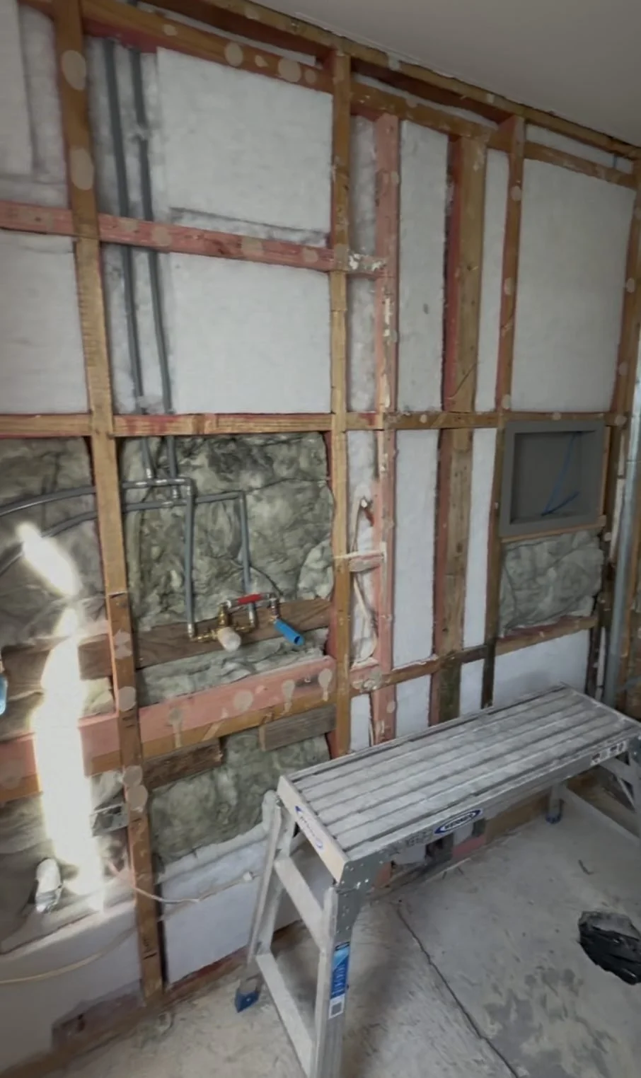 New framing, insulation and a framed shower niche in the Churchouse Road bathroom renovation