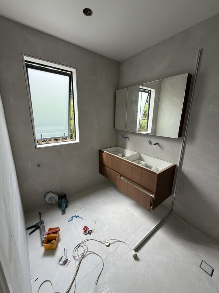 Churchouse Road master bathroom near completion, Greenhithe, before the glass and fittings went in