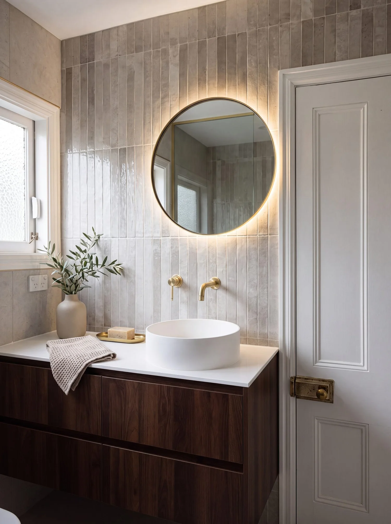 Walnut floating vanity with white stone top, round vessel basin and backlit brass mirror, Garfield Street bathroom renovation Parnell