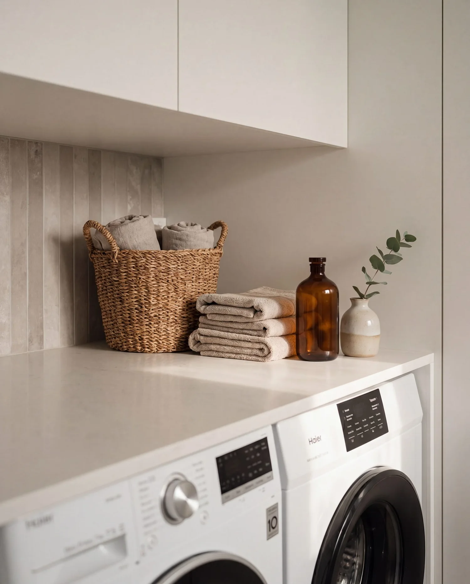 Built-in laundry with stone benchtop and white overhead cabinetry, Parnell bathroom renovation