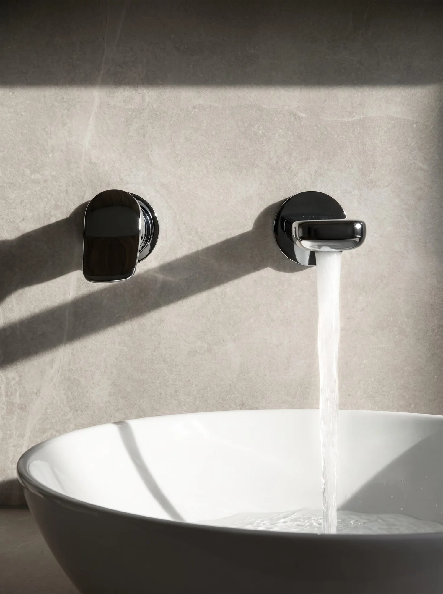 Wall-mounted chrome basin mixer running into a white vessel basin, Greenhithe master bathroom