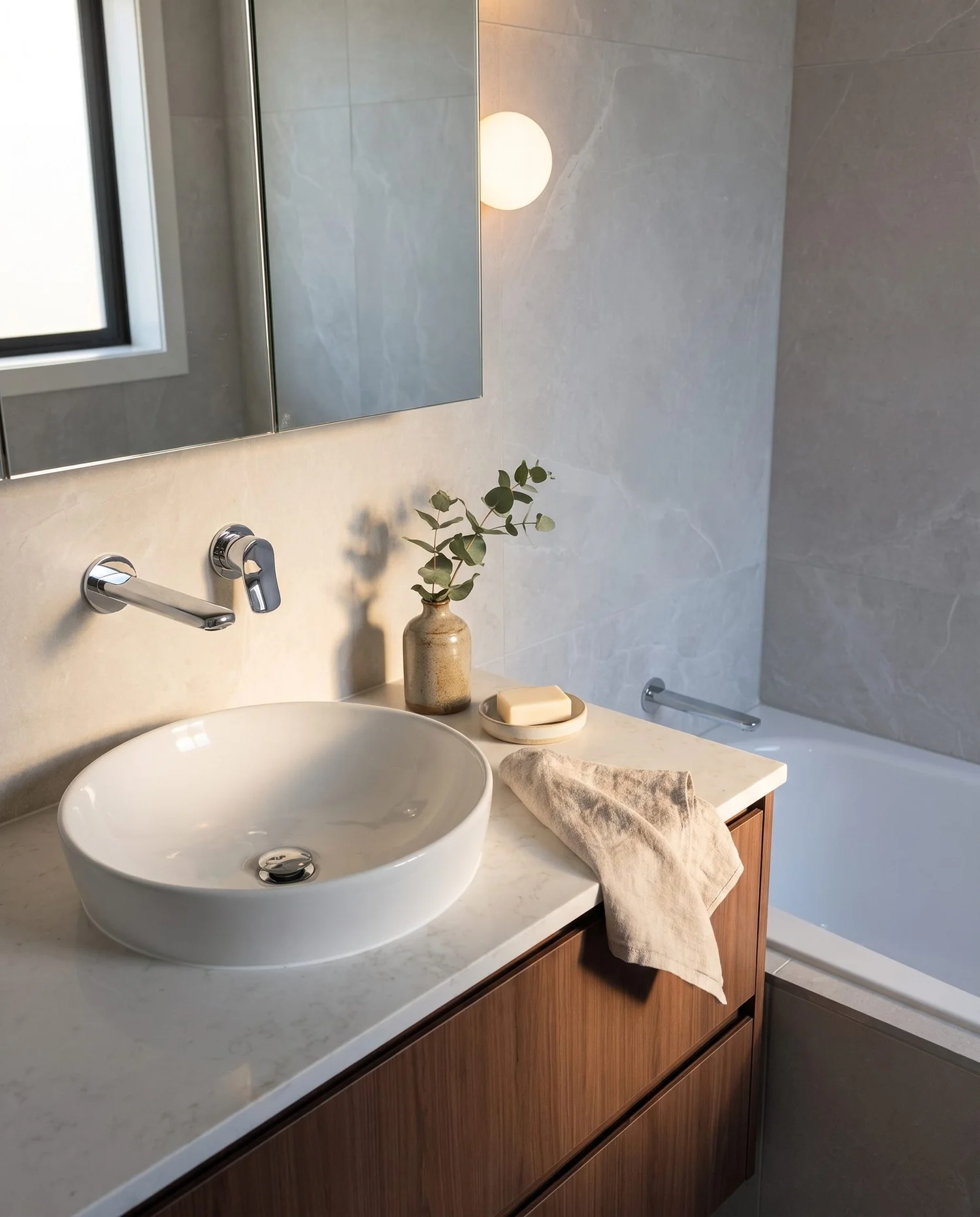 Round white vessel basin, wall-mounted chrome mixer and the built-in bath under the window, Churchouse Road Greenhithe