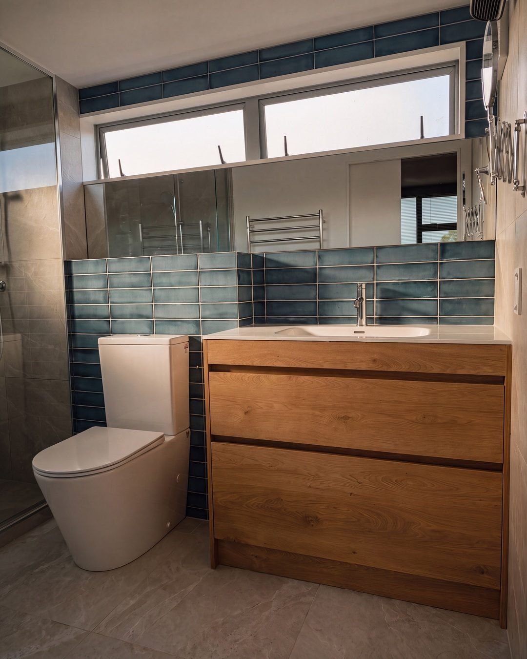 Master ensuite renovation in Sandringham, Auckland: Patterson Street ensuite with deep blue gloss tile, oak vanity and stone benchtop
