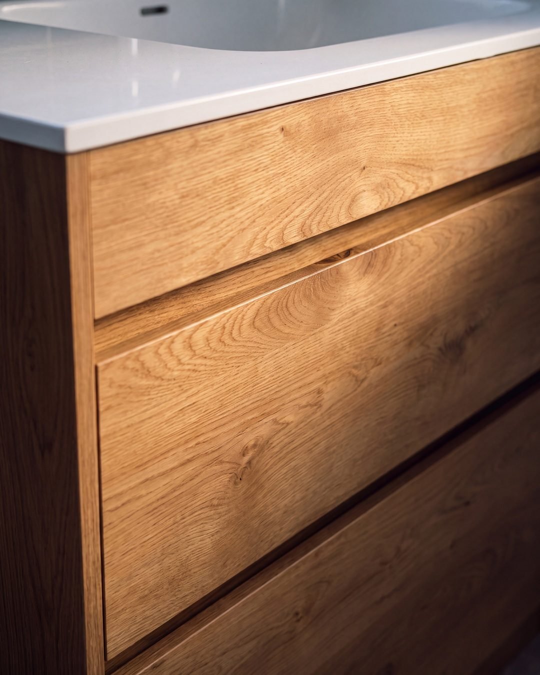 Oak vanity drawer front and stone benchtop detail, Sandringham ensuite renovation