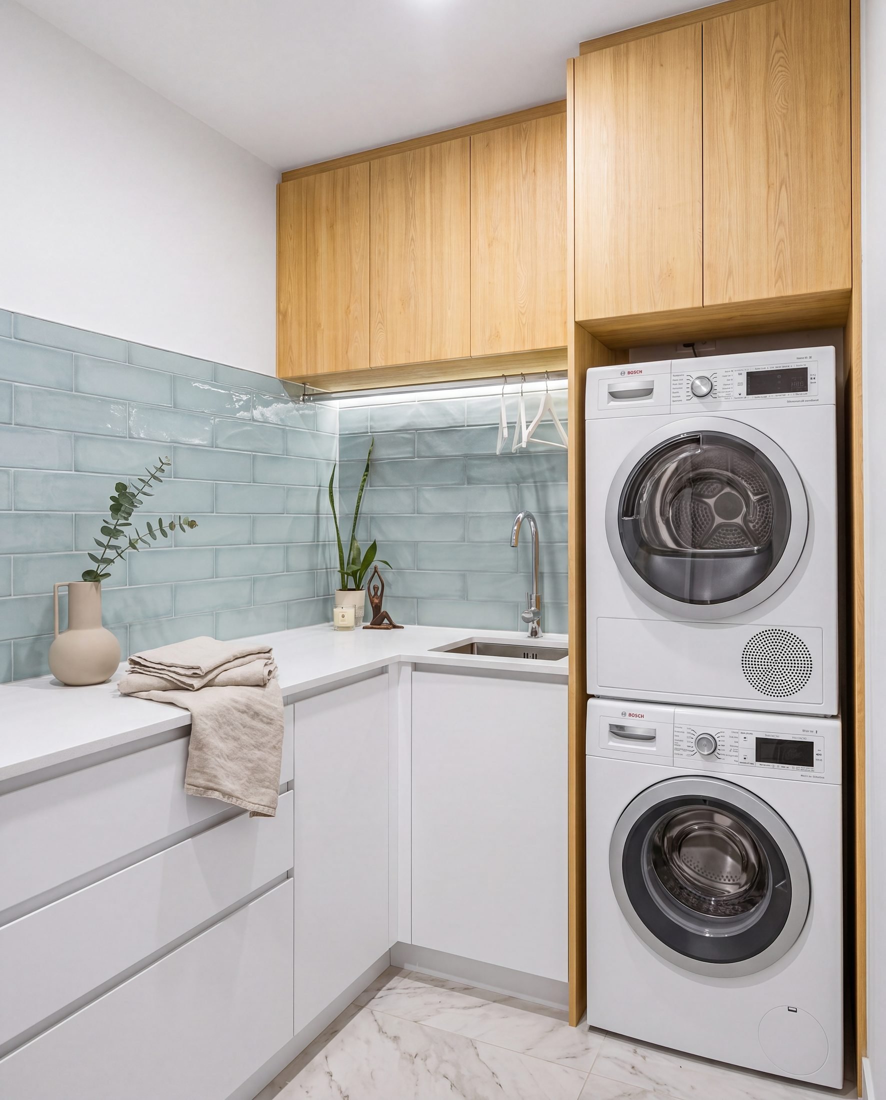 Laundry renovation in St Heliers, Auckland: Rarangi Road laundry with white cabinetry, light oak overheads, sage-green subway splashback and a stacked washer and dryer in an oak tower