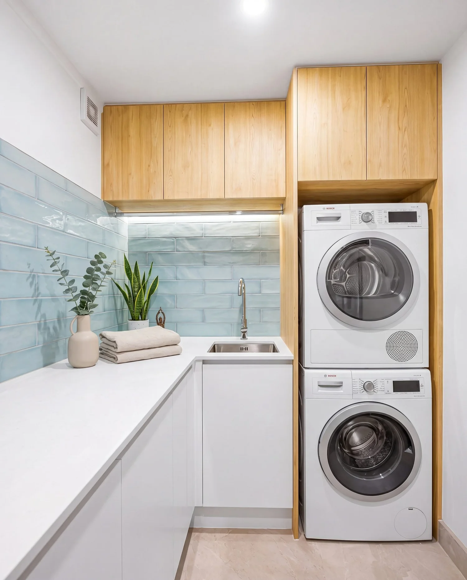 Finished L-shaped laundry bench, undermount sink and stacked washer and dryer in an oak tower, St Heliers